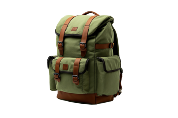 A close-up side view of a green and brown canvas backpack with multiple compartments and straps