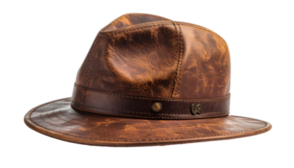 Close-up of a weathered, brown leather fedora with a circular band