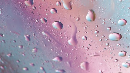 Fresh Water Droplets on Minimal Glass Surface with Soft Pink and Blue Background Providing a Serene Texture Experience
