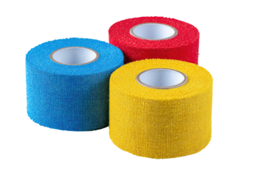 Three rolls of brightly colored athletic tape are arranged against a black background