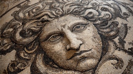 Ancient mosaic portrait depicting a face artistic close up detail
