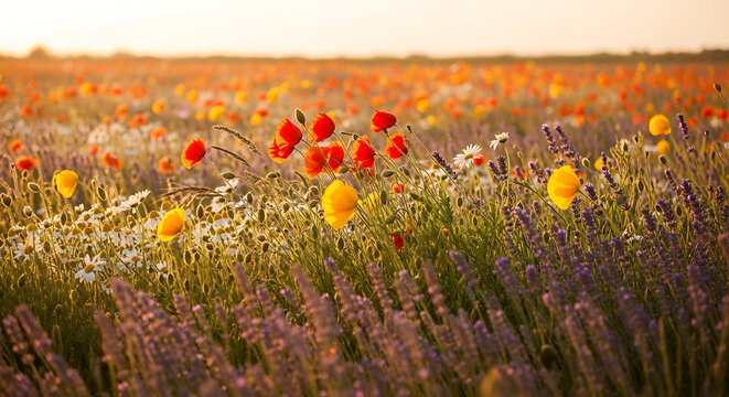 A field of colorful wildflowers including poppies daisies and lavender at golden hour in the countryside