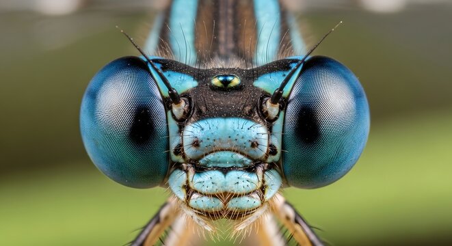 Stunning extreme macro of a vibrant blue dragonfly face with intricate details and large compound eyes, showcasing nature's amazing artistry up close.