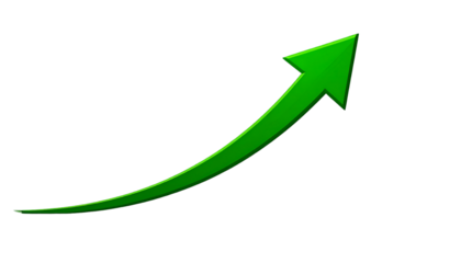 A vibrant green arrow curves upwards against a stark black background, indicating growth