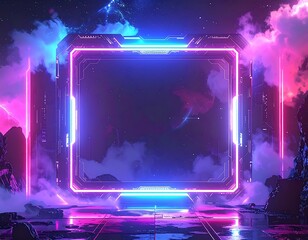 Glowing neon frame amidst a cosmic landscape with ethereal clouds