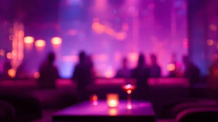 Wandcirkels Bar Luxury cocktail lounge blurred silhouettes in masquerade Halloween costumes with neon purple haze  © Blur Interior 