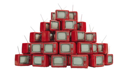 A pyramid of vintage red televisions stacked against a black background, antennas visible