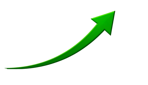 A vibrant green arrow curves upwards against a stark black background, indicating growth