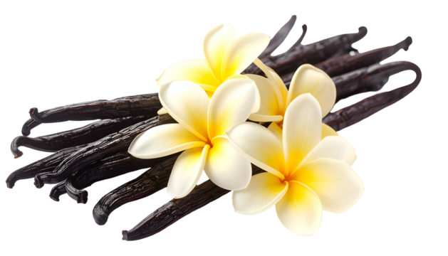 Close-up of vanilla pods and frangipani blossoms against a transparent background