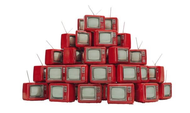 A pyramid of vintage red televisions stacked against a black background, antennas visible