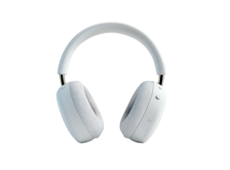 A studio shot shows a pristine white over-ear headset isolated on a black background