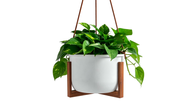 A vibrant pothos plant hangs in a white pot, suspended by leather cord and wooden bracket