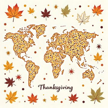 "Thanksgiving Around the World" A creative world map filled with autumn colors and leaves, celebrating the global spirit of gratitude