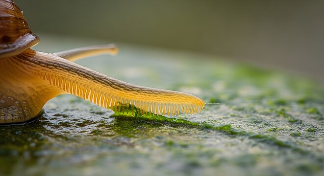 Captivating extreme close-up reveals the intricate details of a snail's radula as it glides across a vibrant green, wet surface, showcasing nature's delicate artistry and slow, deliberate movement