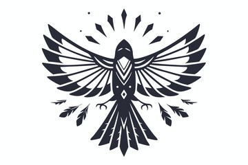 Intricate stylized black bird with open wings presents a detailed and artistic monochrome display