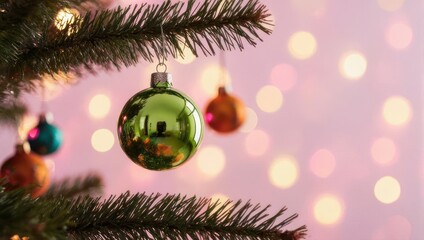 Festive Christmas Tree Ornaments and Bokeh Lights.