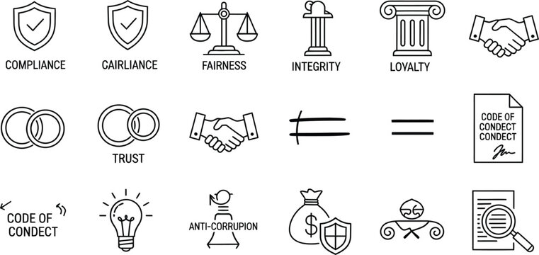 Ethical business outline icon set isolated on white background contains icons as confidence, fairness, ethics, integrity, trust, transparency, code of conduct, anti corruption and more
