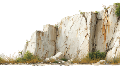 Painted cliffside. Grassy landscape. White and beige rocks. Dramatic lighting. Clear sky