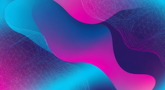 Vector Abstract Fluid Gradient Neon Wave Background with Wireframe and Polygons - Powered by Adobe