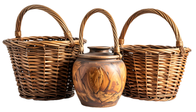 Three woven baskets frame a central ceramic pot, all against a black background
