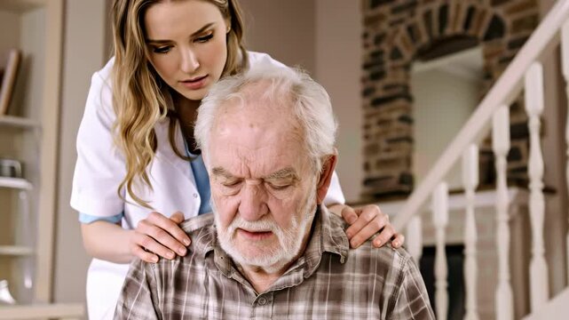 Elderly person experiencing a sudden significant neurological emergency, possibly a minor stroke or transient ischemic attack. Caring healthcare professional delivers comforting aid at home.