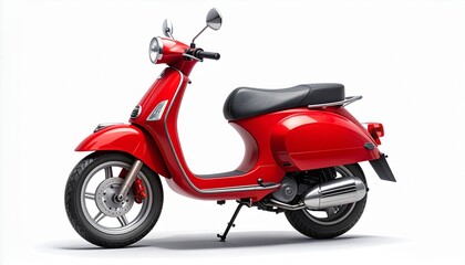 Red scooter with glossy finish, black seat, chrome mirrors and exhaust, alloy wheels, and front headlight&mdash;sleek urban design ideal for showcasing eco-friendly and economical transportation.