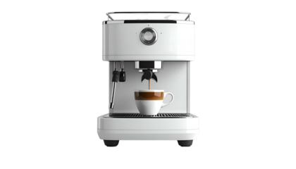 Modern white espresso machine brewing coffee, cup beneath the spout, isolated black background