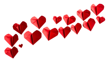 Arranged, shiny red origami hearts on black background, creating a flowing upward pattern