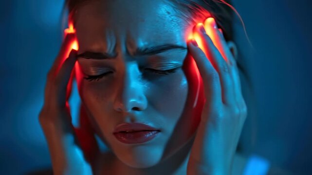 Woman suffering severe neurological episode, clutching head due to sudden intense pain. Impending vascular stroke, potentially ischemic or hemorrhagic.
