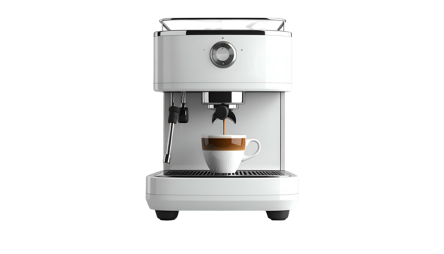 Modern white espresso machine brewing coffee, cup beneath the spout, isolated black background