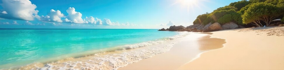 Fototapeta premium Sun-drenched beach scene with turquoise water lapping gently on the shore Perfect for summer holiday and travel themes Golden sand, vibrant sky, tranquil atmosphere , view, shoreline