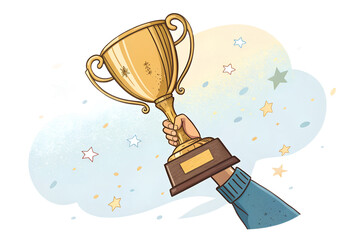 A hand proudly holding a shiny golden trophy cup, symbolizing victory, achievement, and success. Isolated on a transparent background for easy use in award announcements, sports promotions, competitio