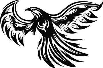 Stylized tribal eagle soars with intricate patterns showcased in bold black outline