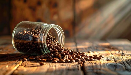 Glass jar tipped over spilling dark roasted coffee beans onto a rustic wooden table with dramatic sunbeams highlighting the texture and rich brown color of the beans