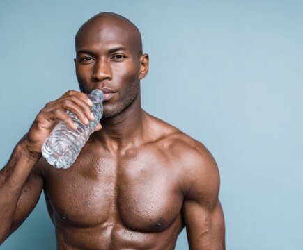 A muscular man sips from a water bottle against a light gray backdrop.