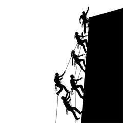 Fototapeta premium Silhouette of rock climbers scaling a cliff face, teamwork and adventure concept