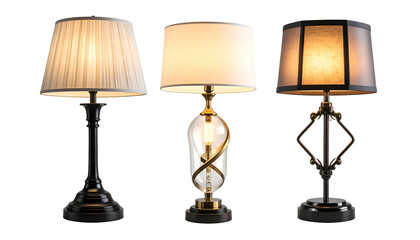 Three ornate lamps with varied shades and bases, glowing against a black background