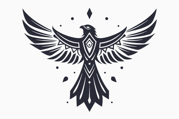 Ornate stylized bird soars outward, radiating mystical allure with scattered celestiallike dots all around