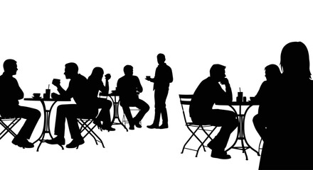 Silhouetted cafe patrons enjoying beverages and conversations, a social gathering