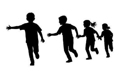 Silhouette of four children running, holding hands, and enjoying a playful outdoor activity