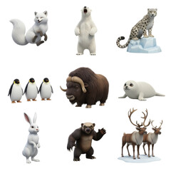 Naklejka premium Arctic Animals Collection Polar Fox Polar Bear Snow Leopard Penguin Musk Ox Seal Arctic Hare Wolverine Reindeer