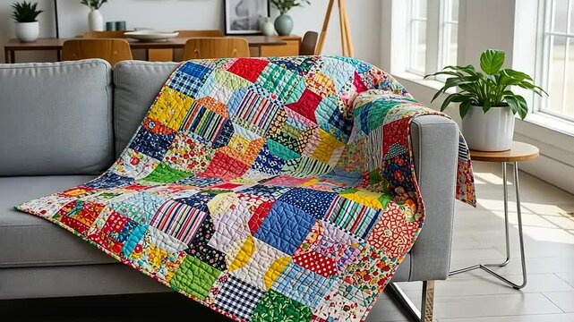 Colorful Handmade Patchwork Quilt Draped on a Cozy Sofa.