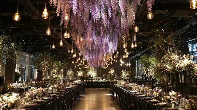 Opulent event space featuring long tables & floral decorations under hanging lights