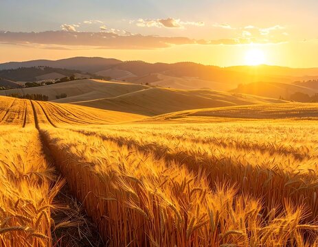Golden wheat field bathed in warm sunlight, rolling hills at sunset