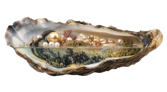 A polished oyster shell reveals lustrous pearls nestled amongst sea life and a painted landscape