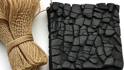 Natural Jute Twine and Black Cracked Charcoal Texture Background. - Powered by Adobe