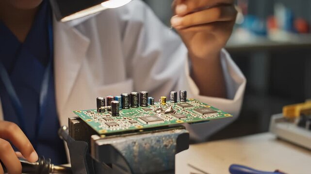 Engineer Soldering Circuit Board Components in Repair Lab Setting