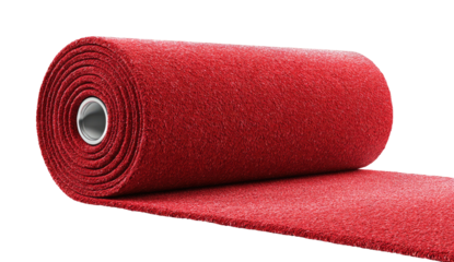 Rolled-up red carpet with a soft texture and a metallic core on a dark background