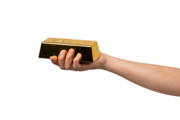 A hand holding a gold bar, isolated on a transparent PNG. This concept is suitable for themes such as gold trading, business, finance, investment, the stock market, wealth, lifestyle and advertising.