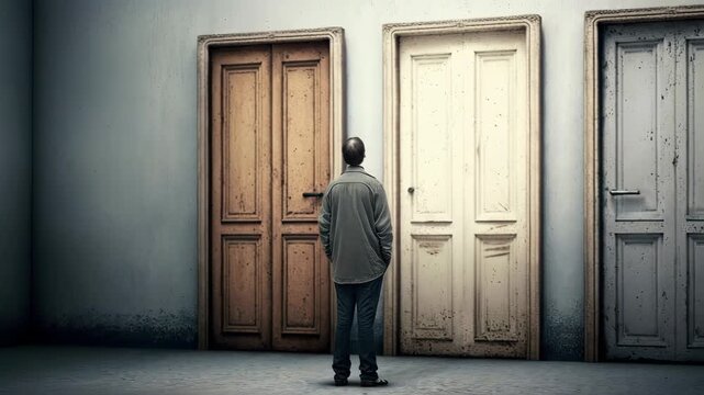 Man standing in front of vintage doors choosing right one, uncertain option, concept of choice, opportunity and chance